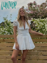 Lunivop Summer A Line Puff Sleeve Dress Elegant Casual White Dollar Collar Party Holiday Short